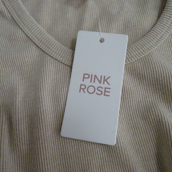 Pink Rose Sleeveless Ribbed Beige Midi Tank Dress Women Size M With Side Slit - Picture 5 of 10